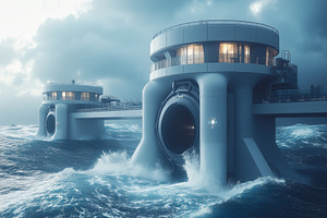 A futuristic coastal structure with large cylindrical openings, surrounded by t, a Technology Illustration by Textures & Backgrounds