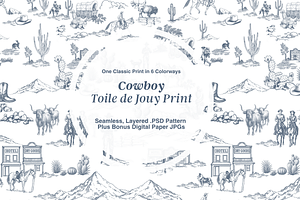 Cowboy Country Toile de Jouy Pattern, a Background Graphic by Hughes Studio