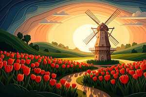 Papercut Dutch Countryside at Sunset, a Decorative Illustration by Virgo Studio