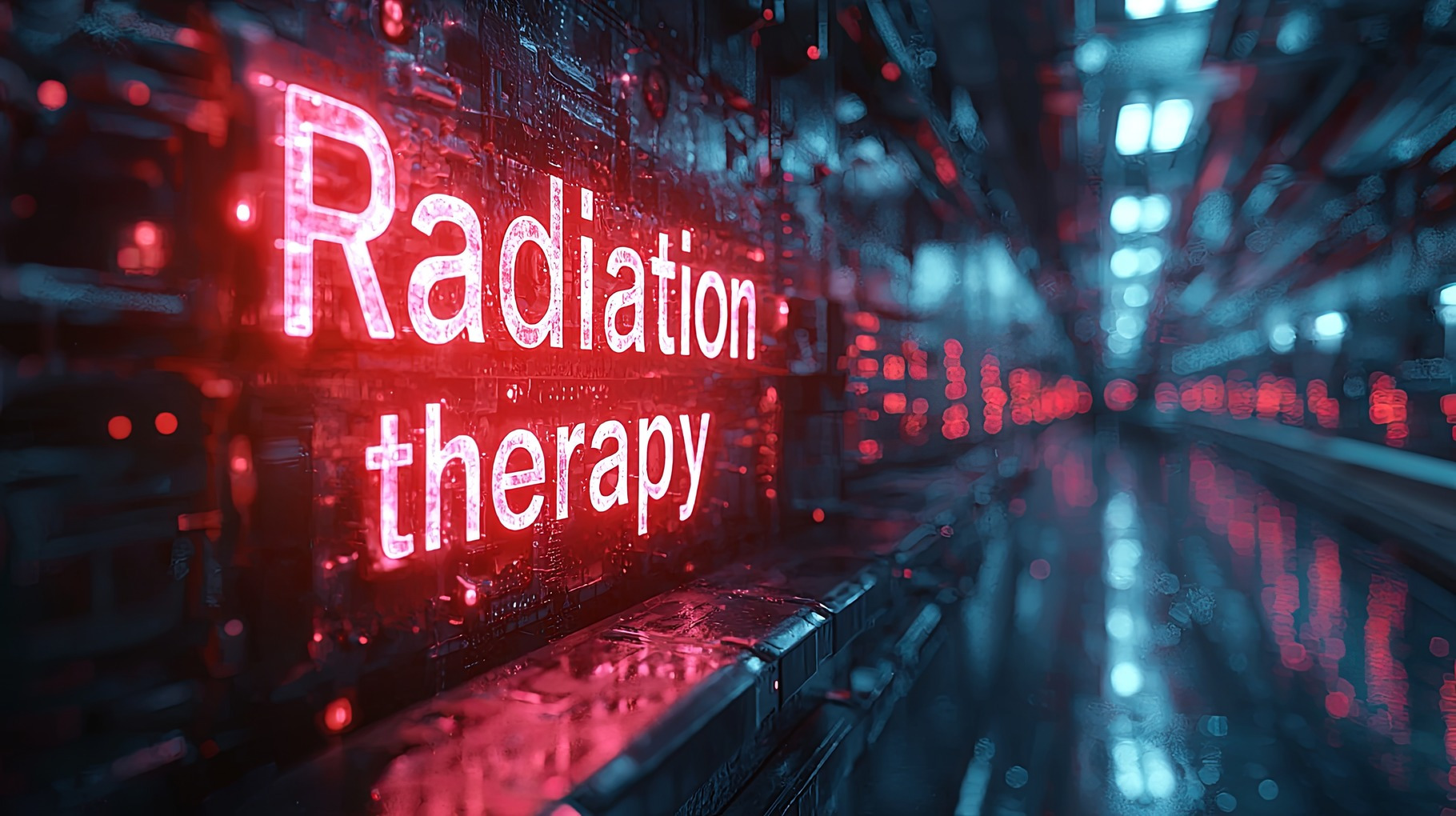 Radiation therapy digital lettering in futuristic hospital corridor, an ...