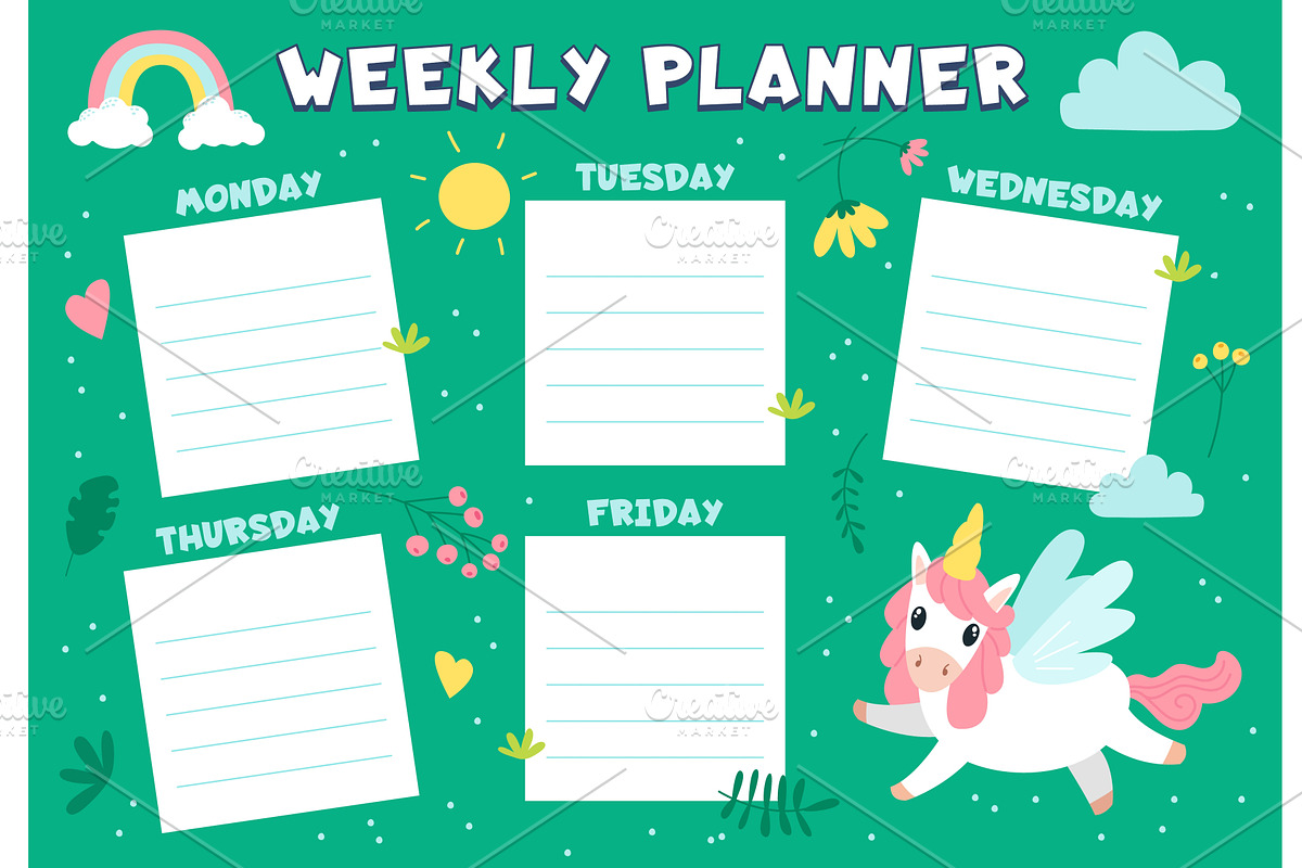 Unicorn weekly planner. School, an Object Illustration by LadadikArt