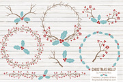 Red & Blue Christmas Holly Clipart, an Illustration by Amanda Ilkov (Thumbnail 1 of 5)
