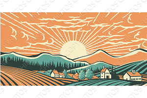 Fields Rolling Hills Sunrise Farm, an Illustration by Christos Georghiou