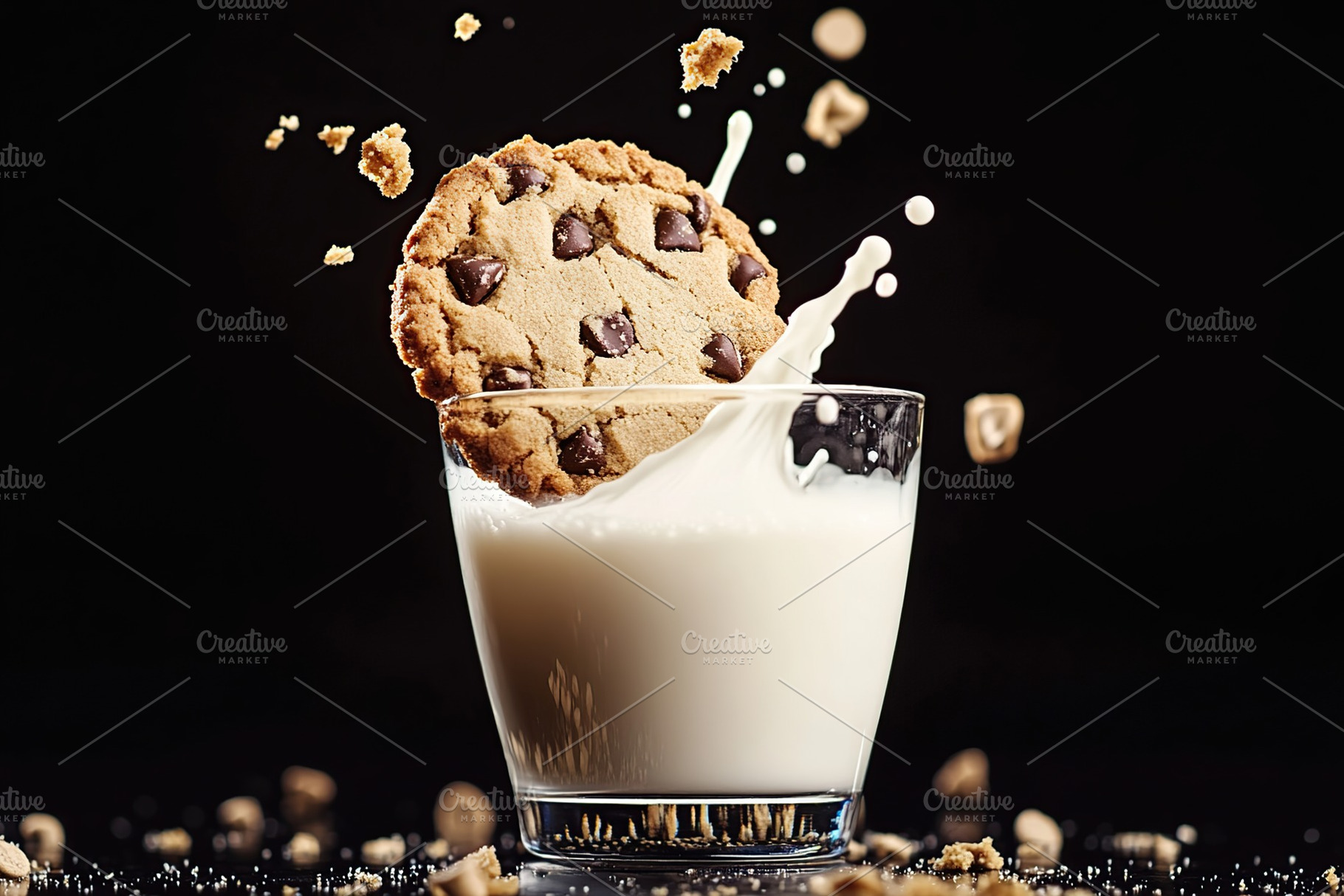 Chocolate cookie falling into glass with white milk, a Food & Drink Photo by AlyaAnd