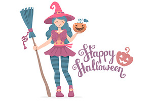 Halloween Cute Witch With Pumpkin