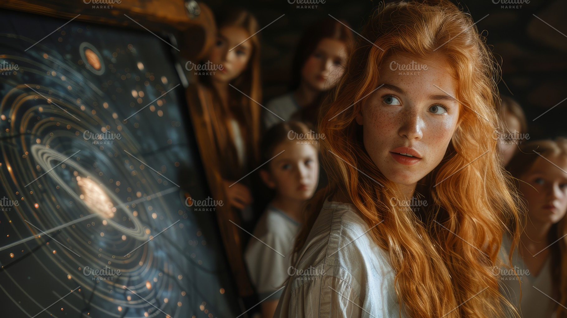 Engaged Red-Haired Young Girl with Classmates in Science Class, a Photo by AS photostudio