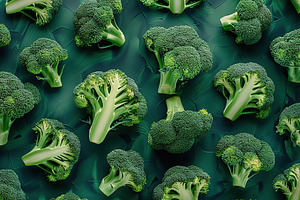 Pattern of fresh broccoli on green background, a Food & Drink Photo by AlyaAnd