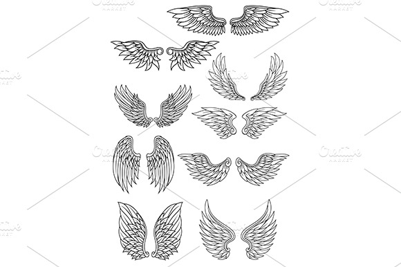 Set Of Outline Heraldic Wings
