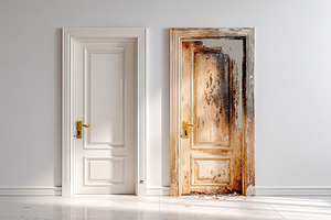Two contrasting doors highlight the effects of time and neglect in an interior, a Photo by AlyaAnd