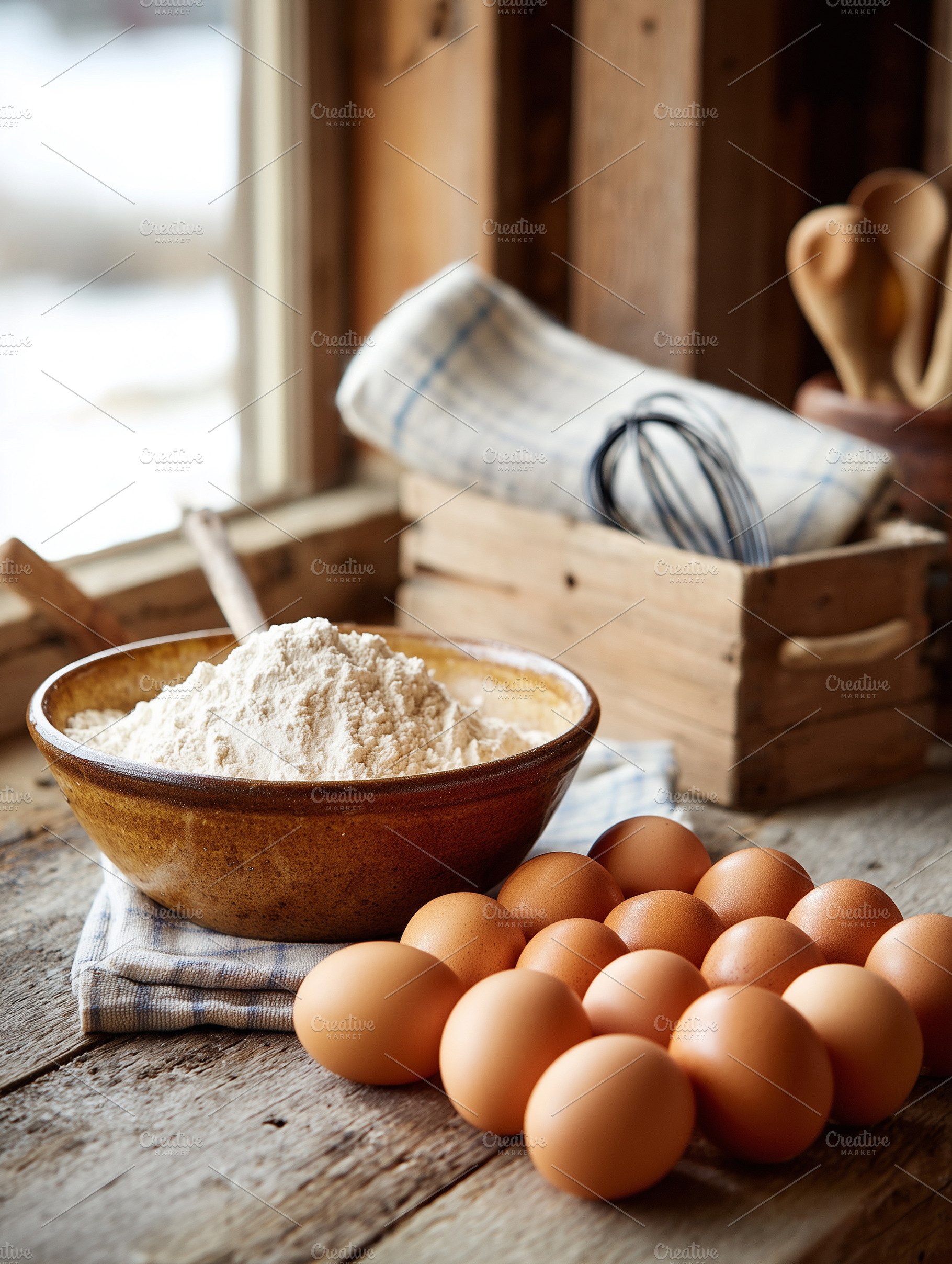 Fresh brown eggs and wooden bowl of, a Food & Drink Photo by MistyDay