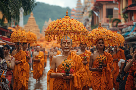 Monks in orange robes participate in, a Photo by Tanuart