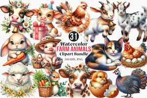 Watercolor Farm Animals Clipart, an Illustration by Canvas Craft