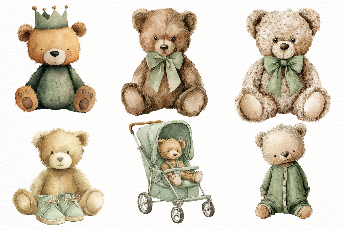watercolor green teddy bear clipart, an Illustration by Designworld (Photo 2 of 5)