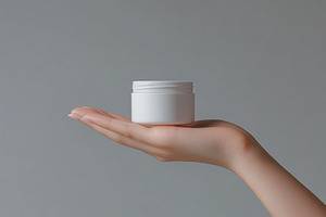 Female model hand holding cosmetic jar on grey background, a Health & Medical Photo by AlyaAnd