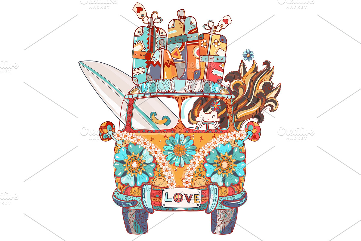 Hand drawn doodle outline retro bus, an Illustration by RAINBOWIRMA
