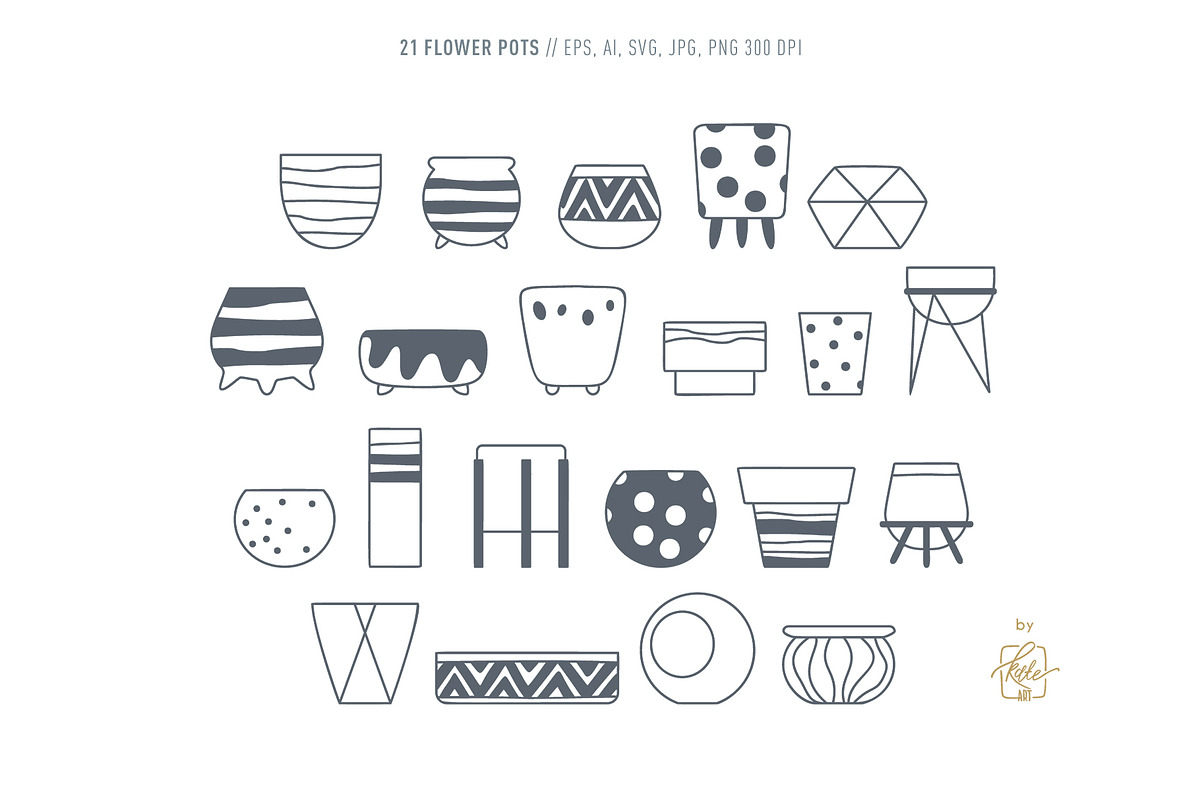 HOME PLANTS AND CACTI LINE ART, an Object Illustration by Kate Art (Photo 3 of 10)