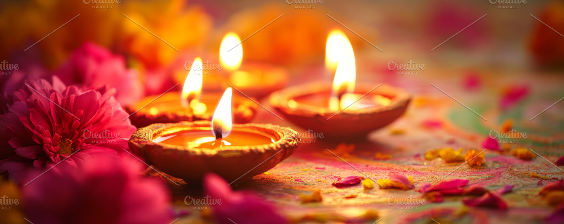 Traditional Diwali Diyas with Floral Decoration, an Abstract Photo by Natalia Klenova's Shop
