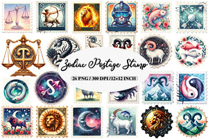 Zodiac Postage Stamp Clipart, an Illustration by Daily.Designs