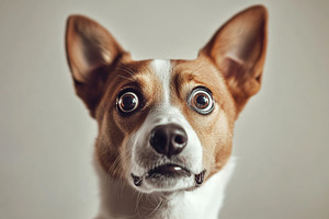 Dog with shocked eyes on grey background, an Animal Photo by AlyaAnd