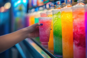 Person picks from rainbow slushies, a Photo by Pavel_design
