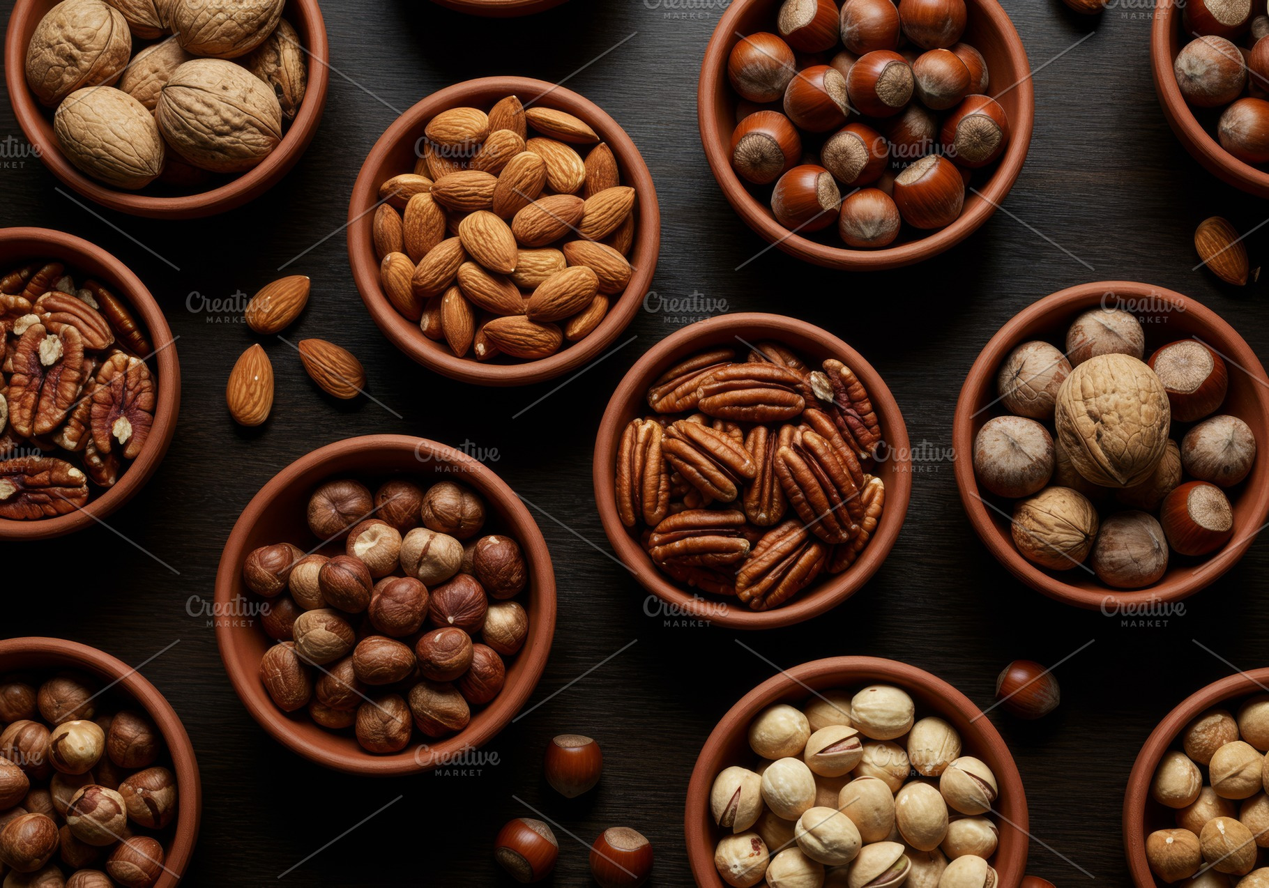 Variety of whole and shelled nuts in, a Food & Drink Photo by professorinc