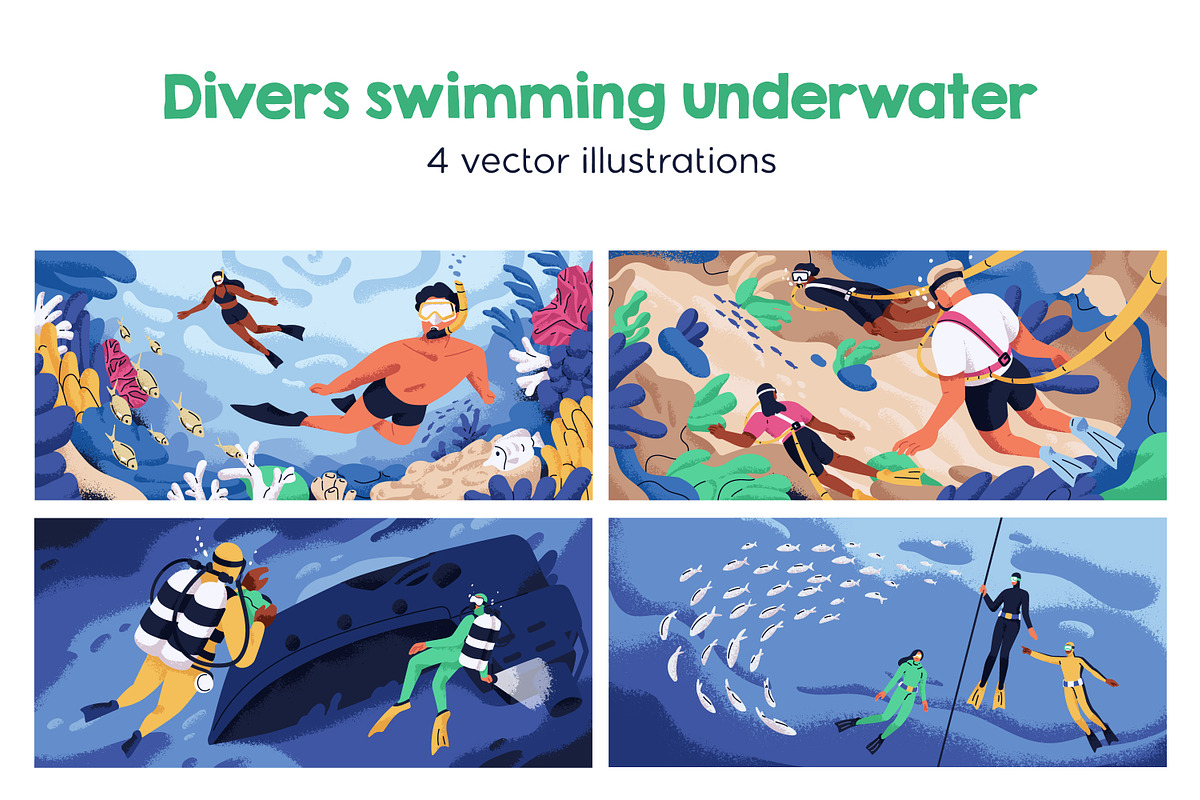 Divers swimming underwater, sea set, a Person Illustration by Good Studio (Photo 1 of 5)