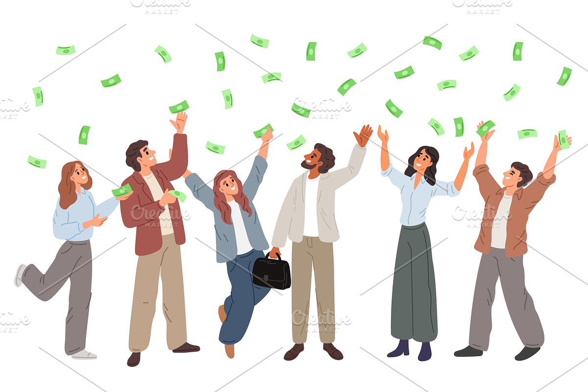 Joyful men and women catching money, a Finance Illustration by Vectorbuum