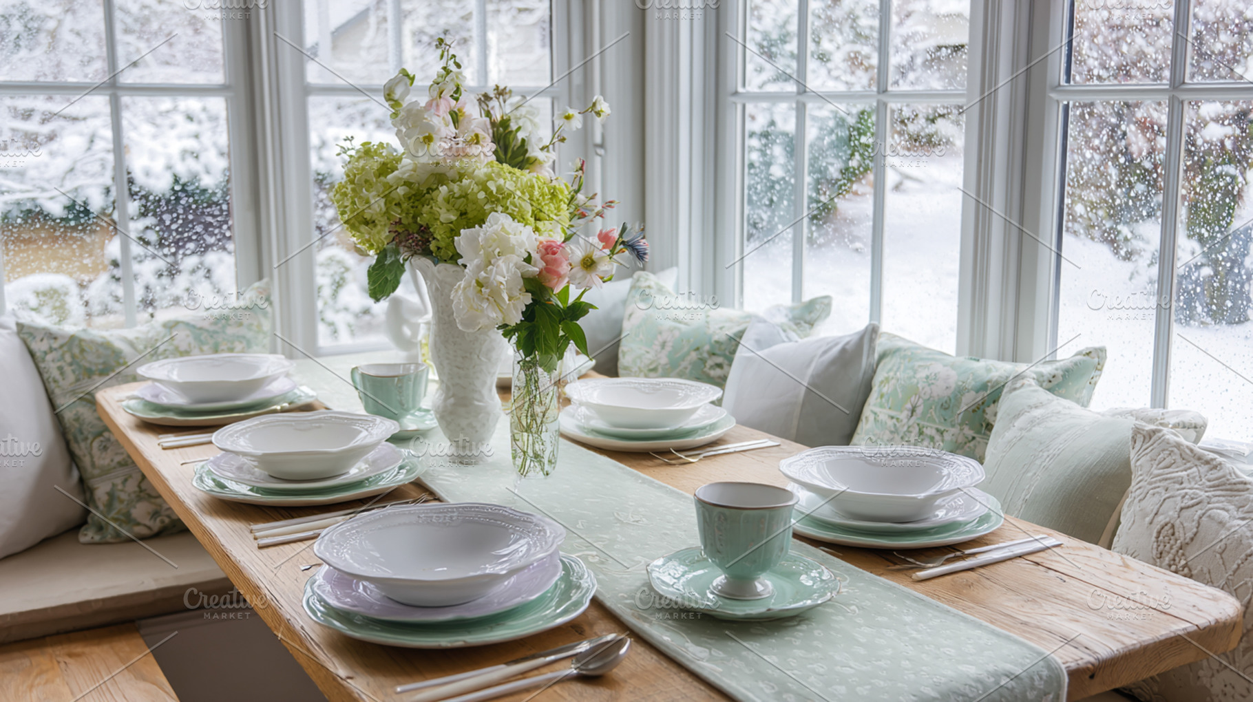Cozy dining room table set for a meal, showcasing elegant dishwa, a Photo by Studio ANNA