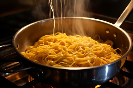 Pot with freshly cooked steaming pasta, a Food & Drink Photo by Natalia Klenova's Shop
