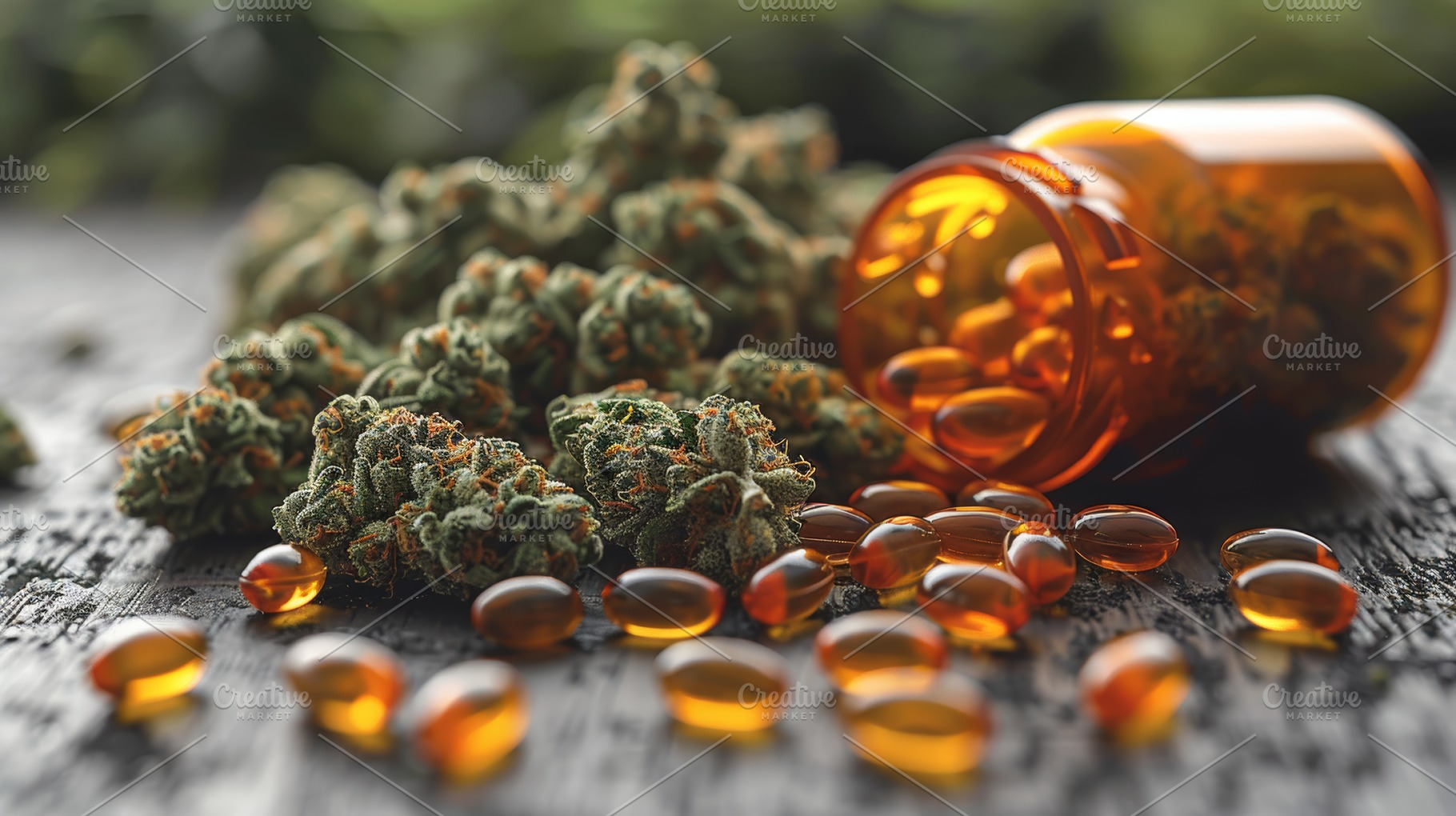 Medical marijuana buds and capsules on dark wooden surface, a Photo by AS photostudio