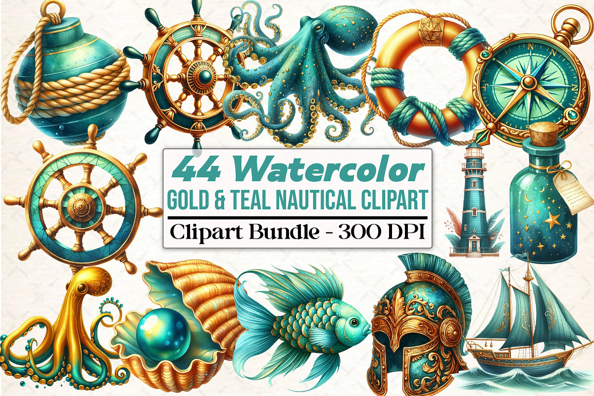 Watercolor Gold & Teal Nautical, an Illustration by DreamCafeArt (Photo 1 of 5)