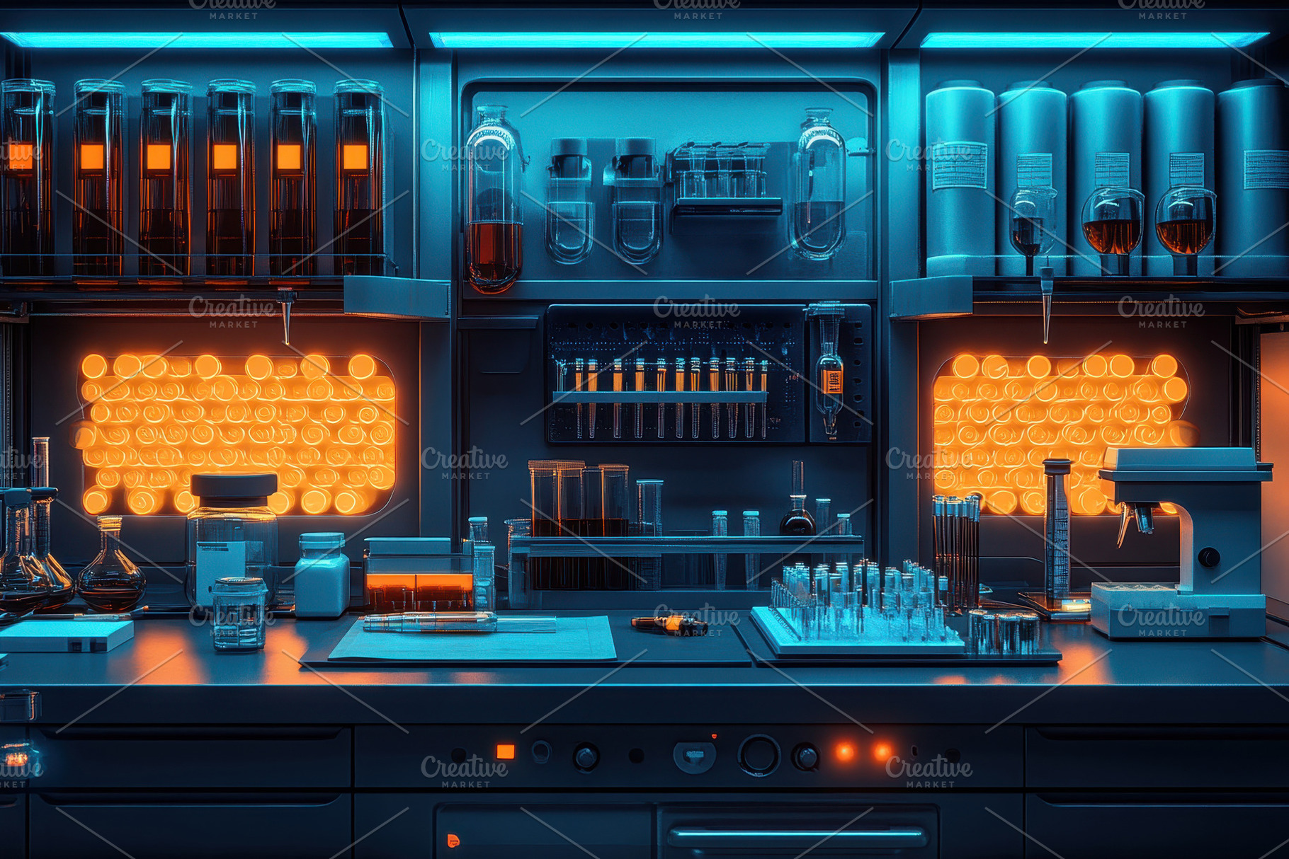 Futuristic laboratory with vibrant l, a Photo by Tanuart