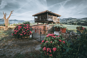 Rustic horreo with flower garden, an Architecture Photo by SkyNext