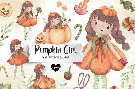 Pumpkin Girl Watercolor Clipart, an Illustration by GauSilvaStudio