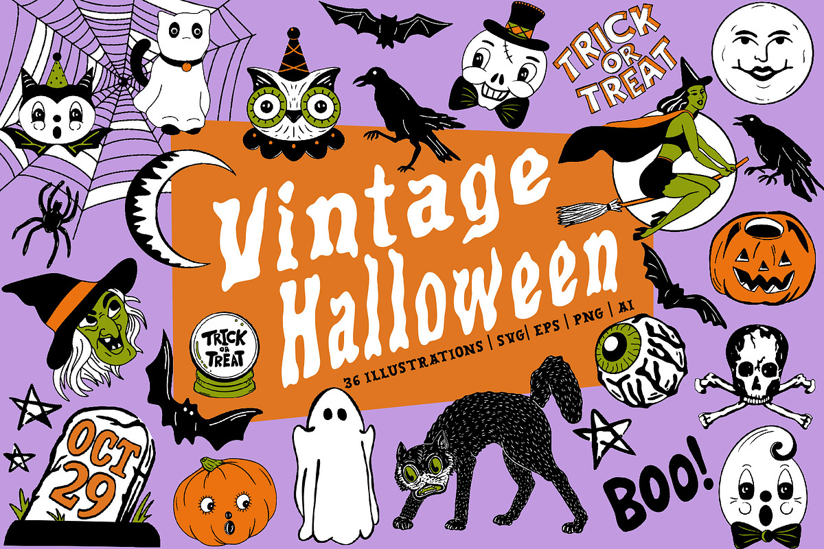 Vintage Halloween Clipart & Patterns, a Seasonal Illustration by Ashley Katrina (Photo 1 of 15)