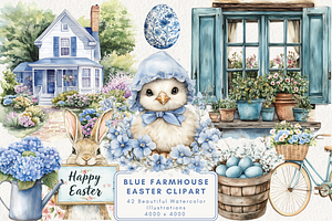 Blue Farmhouse Easter Clipart, an Illustration by NadiaTheronArt