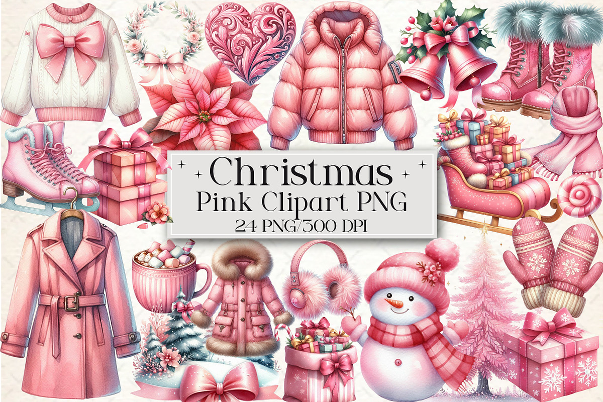 Pink Christmas Clipart-24 PNG, an Illustration by Libby Wishes (Photo 1 of 6)