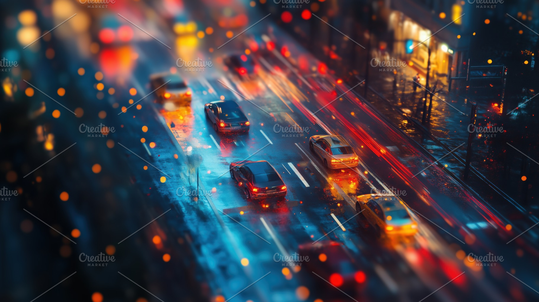 A vibrant city street scene during rain, with blurred car lights and ...