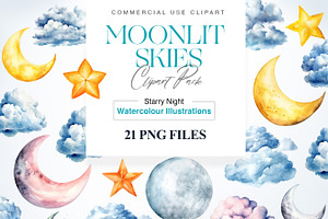 Watercolor Night Sky Clipart, Moon