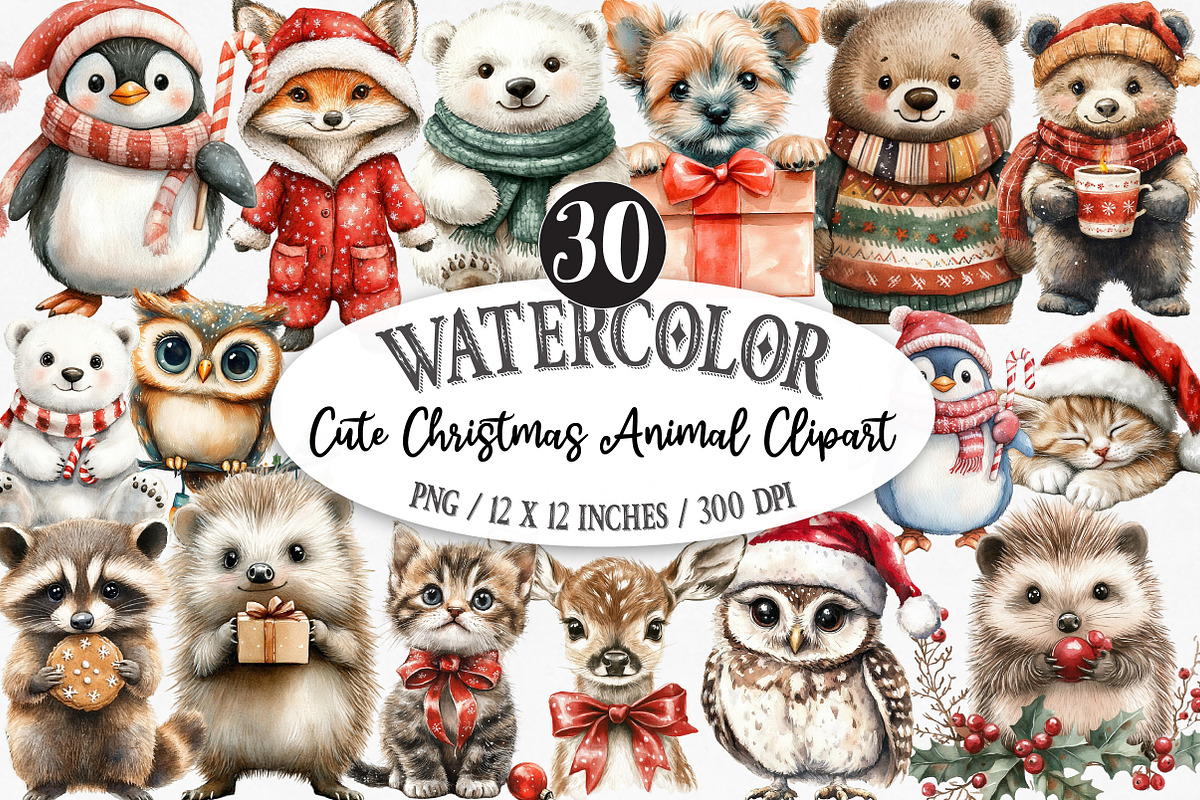 Cute Christmas Animal Clipart, an Illustration by Designking (Photo 1 of 5)