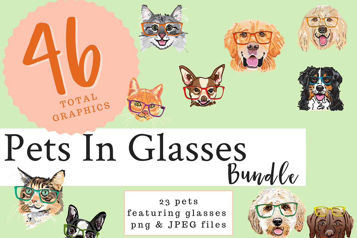 Watercolor Pet Bundle in Glasses, an Animal Illustration by ThePawPrintsShop (Photo 1 of 5)