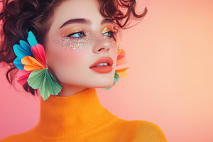 A young woman with glitter makeup and colorful paper accents poses against a pa, a Person Photo by Mashimara