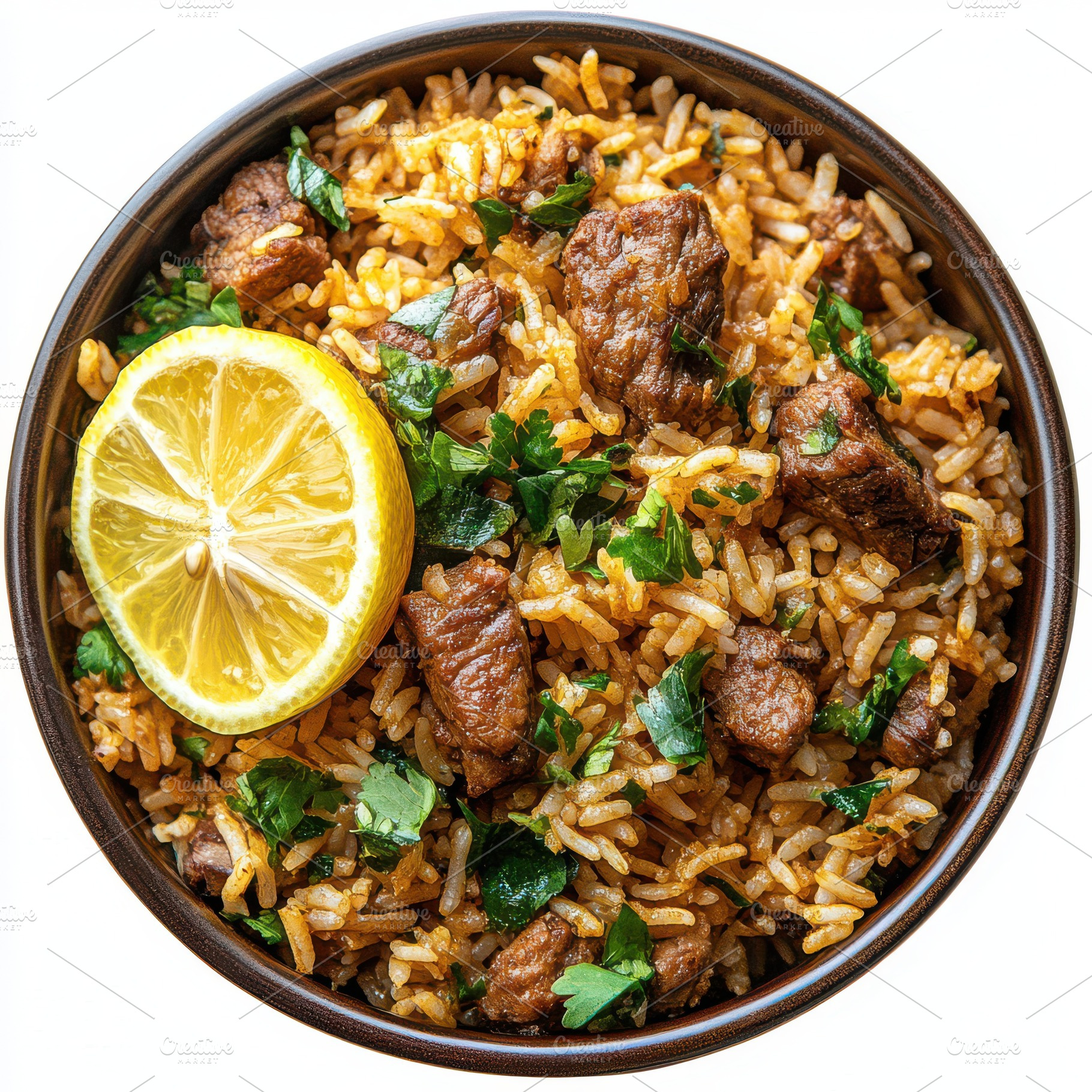 Brown Bowl of Mutton biryani with sa, a Business Photo by Pixeness Studio