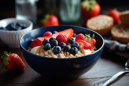 Tasty oatmeal with fruits in bowl on table, a Food & Drink Photo by AlyaAnd
