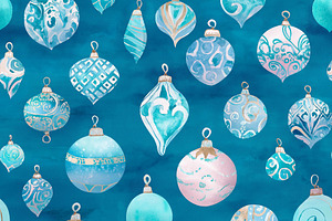 Watercolor christmas ornaments seamless pattern with festive teal and blue baub, a Pattern Graphic by Studio ANNA