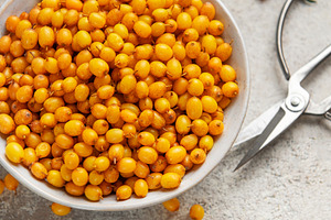 Bowl of fresh sea buckthorn berries with green branch, a Food & Drink Photo by Olena Rudo