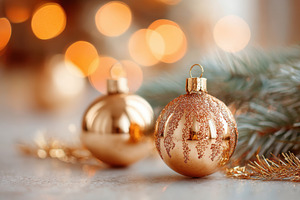 Golden Christmas ornaments with festive bokeh, a Holiday Photo by AlyaAnd