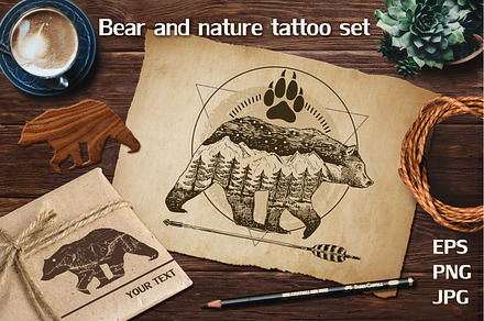 Bear & nature double exposure tattoo