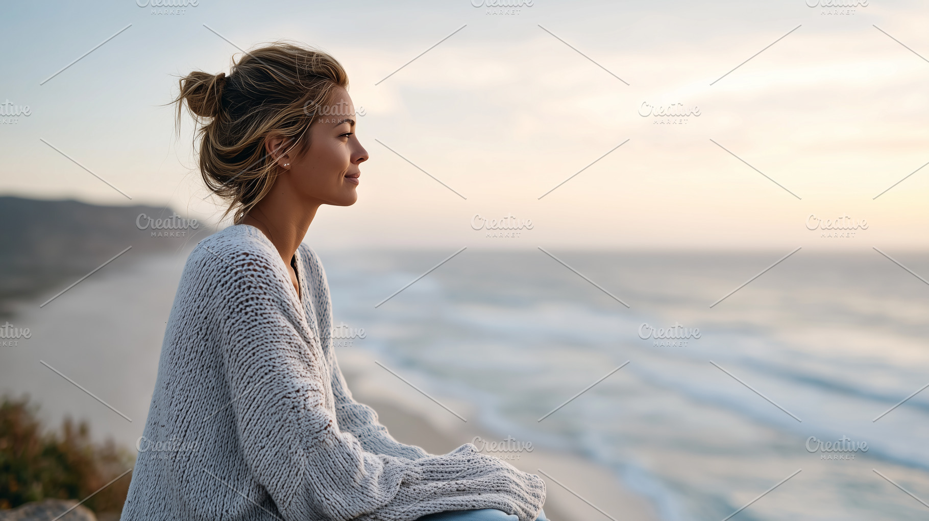 Woman in a cozy sweater sitting by, a Person Photo by MistyDay