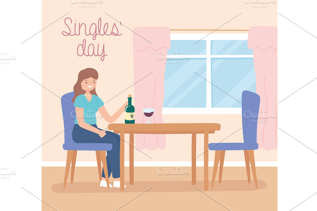 singles day, woman drinking wine, an Illustration by studiogstock